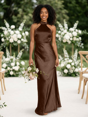 Satin Mermaid Halter Long Bridesmaid Dresses