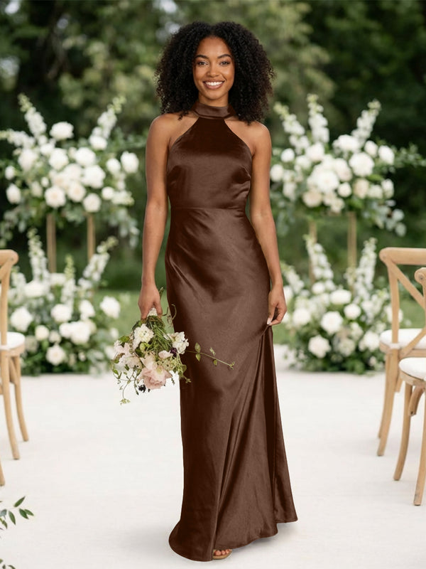 Satin Mermaid Halter Long Bridesmaid Dresses