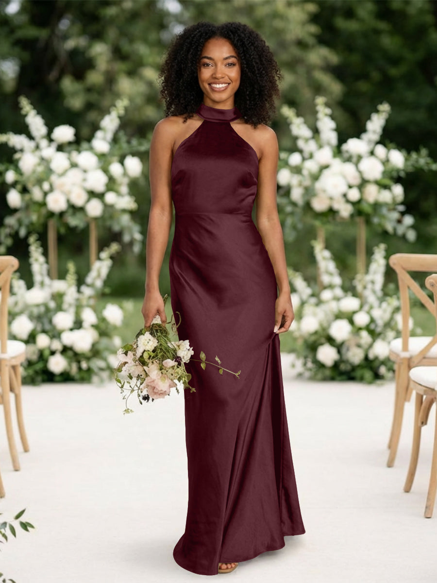 Satin Mermaid Halter Long Bridesmaid Dresses