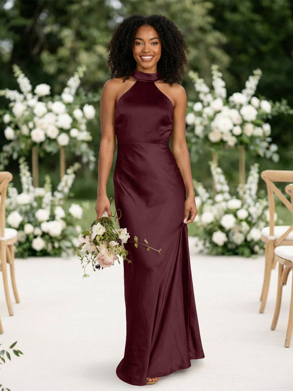 Satin Mermaid Halter Long Bridesmaid Dresses