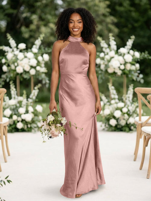 Satin Mermaid Halter Long Bridesmaid Dresses