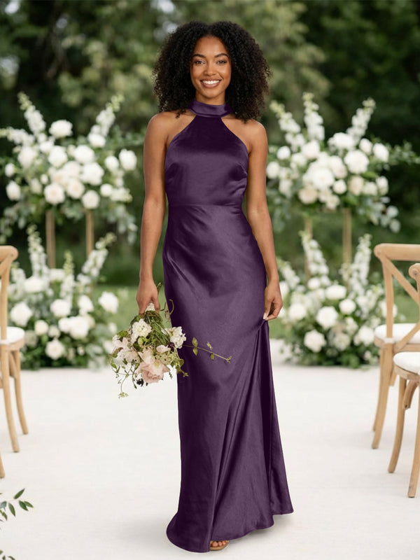 Satin Mermaid Halter Long Bridesmaid Dresses