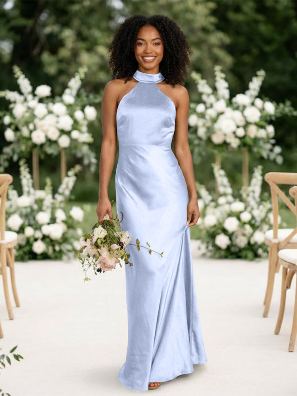 Satin Mermaid Halter Long Bridesmaid Dresses