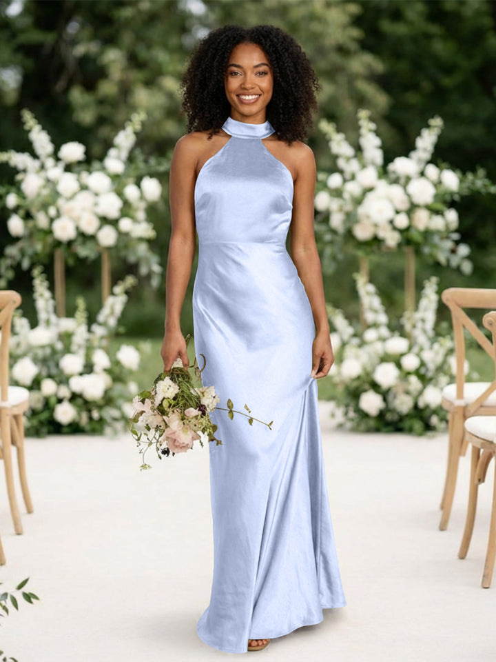 Satin Mermaid Halter Long Bridesmaid Dresses