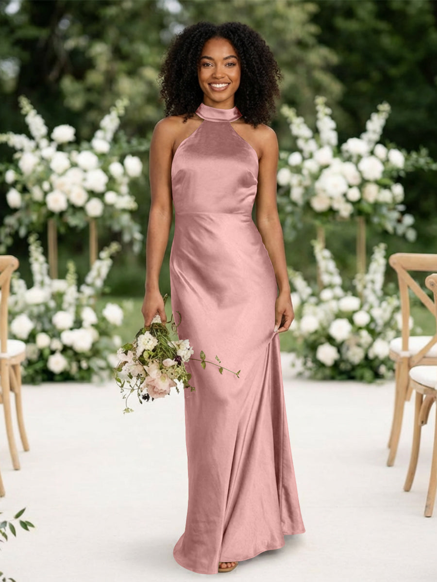 Satin Mermaid Halter Long Bridesmaid Dresses