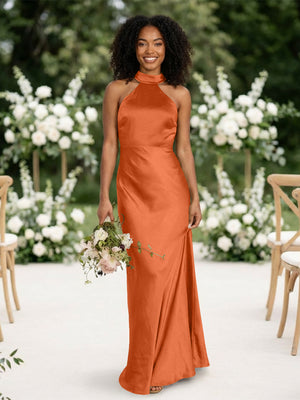 Satin Mermaid Halter Long Bridesmaid Dresses