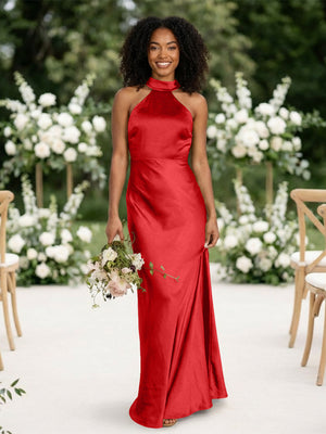 Satin Mermaid Halter Long Bridesmaid Dresses