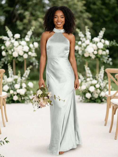 Satin Mermaid Halter Long Bridesmaid Dresses