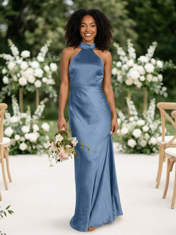 Satin Mermaid Halter Long Bridesmaid Dresses