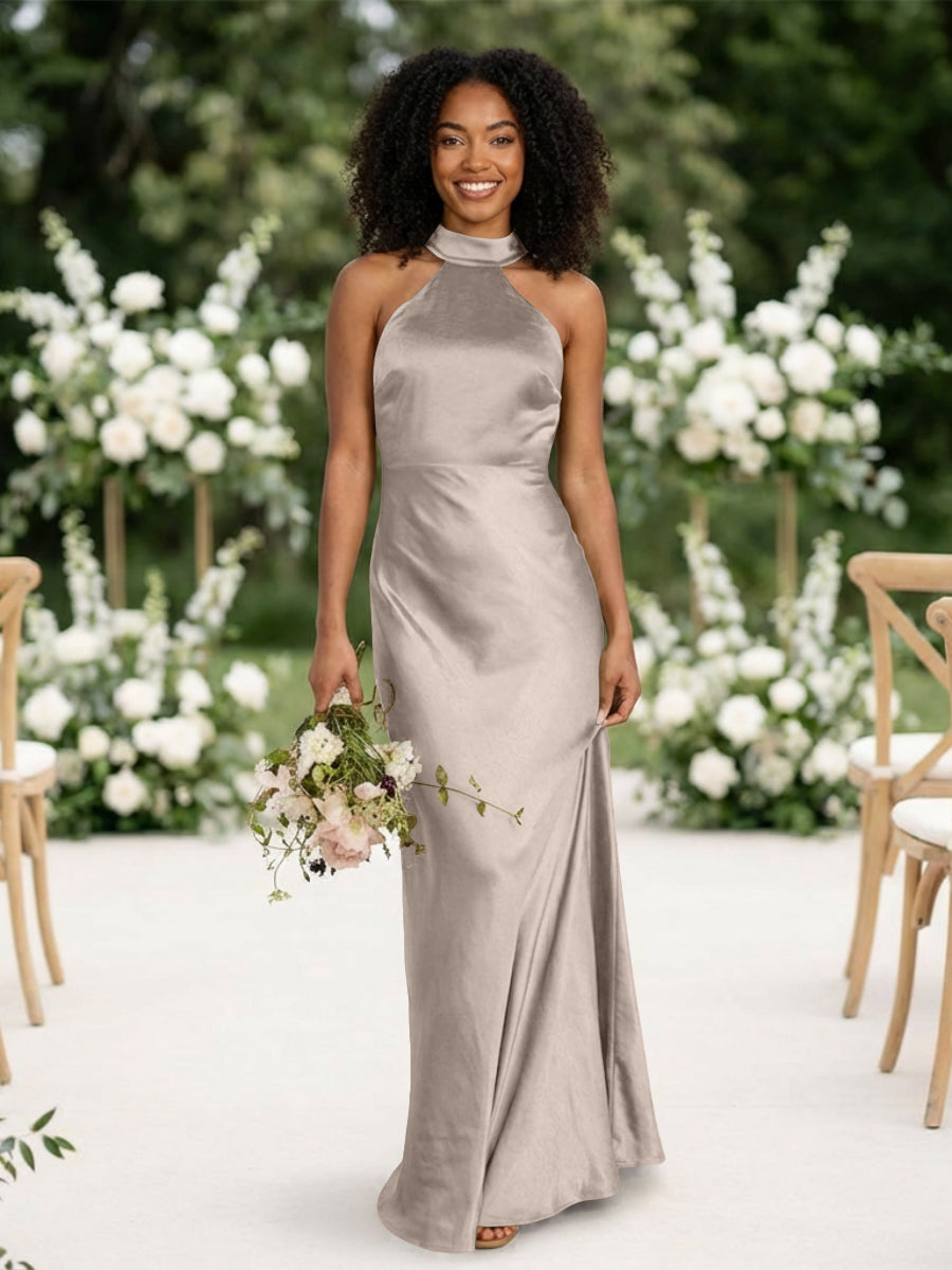 Satin Mermaid Halter Long Bridesmaid Dresses
