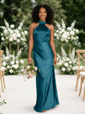 Satin Mermaid Halter Long Bridesmaid Dresses