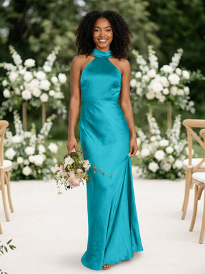 Satin Mermaid Halter Long Bridesmaid Dresses