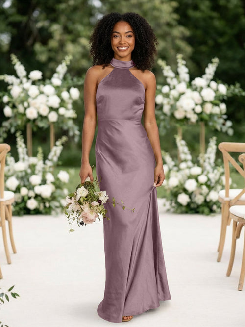 Satin Mermaid Halter Long Bridesmaid Dresses
