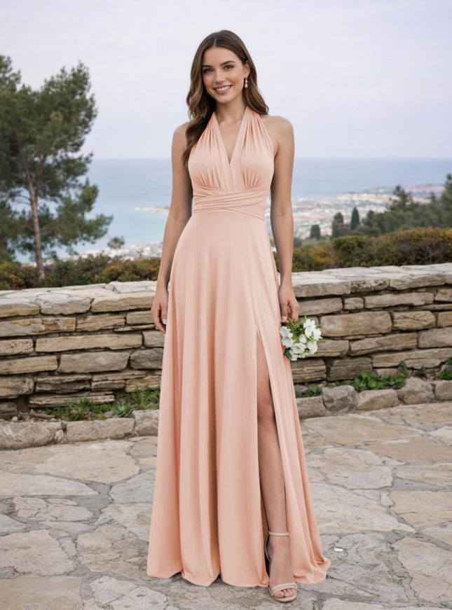 Jersey A Line V Neck Long Bridesmaid Dresses