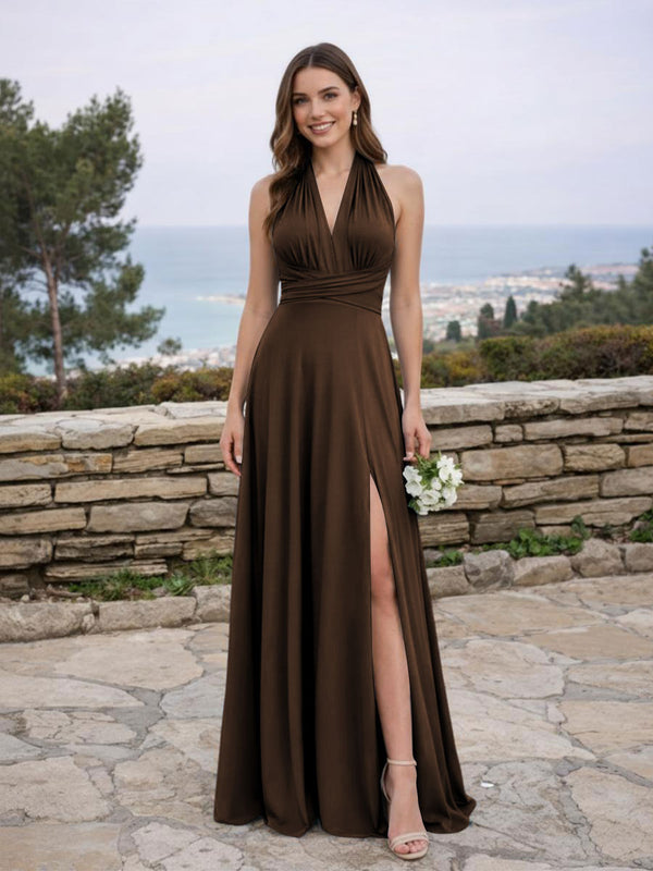 Jersey A Line V Neck Long Bridesmaid Dresses