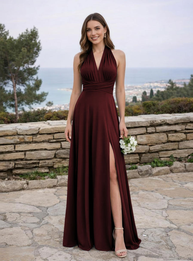 Jersey A Line V Neck Long Bridesmaid Dresses