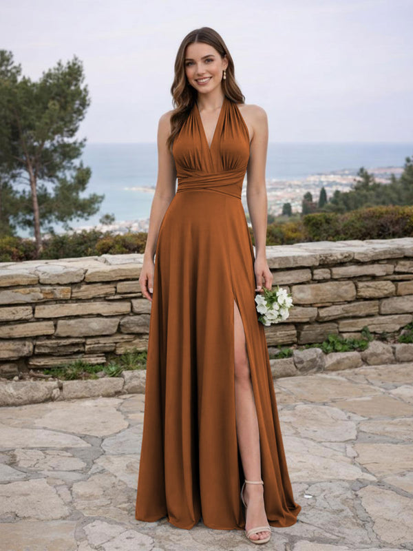 Jersey A Line V Neck Long Bridesmaid Dresses