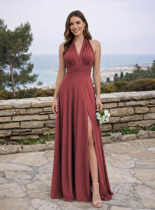 Jersey A Line V Neck Long Bridesmaid Dresses