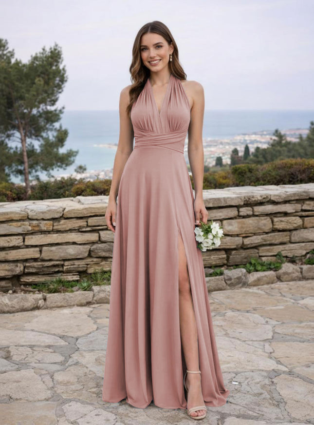 Jersey A Line V Neck Long Bridesmaid Dresses