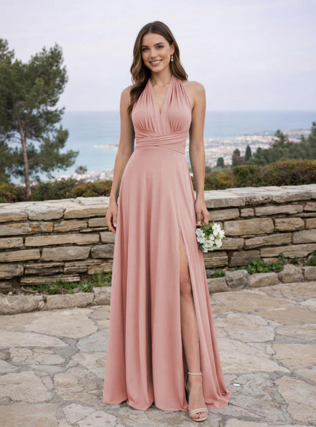 Jersey A Line V Neck Long Bridesmaid Dresses