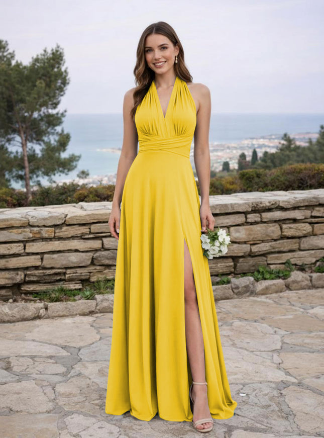 Jersey A Line V Neck Long Bridesmaid Dresses