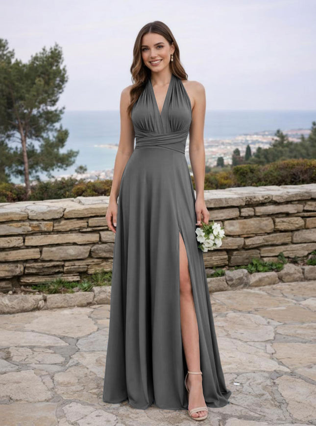 Jersey A Line V Neck Long Bridesmaid Dresses