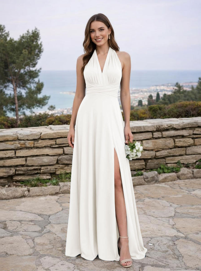 Jersey A Line V Neck Long Bridesmaid Dresses