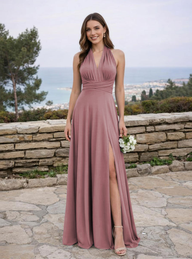 Jersey A Line V Neck Long Bridesmaid Dresses