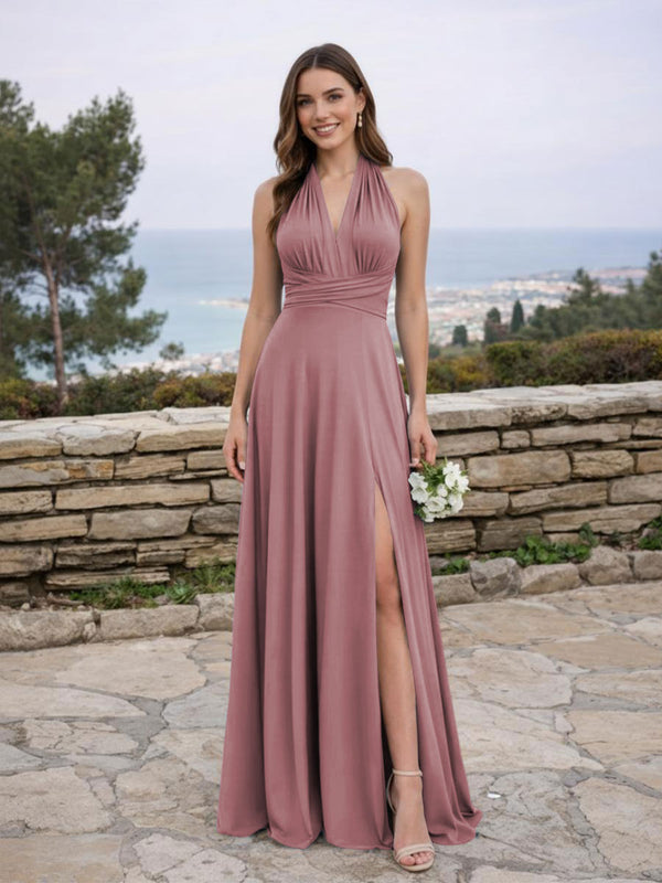 Jersey A Line V Neck Long Bridesmaid Dresses