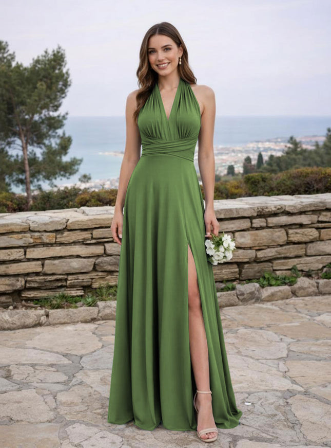 Jersey A Line V Neck Long Bridesmaid Dresses