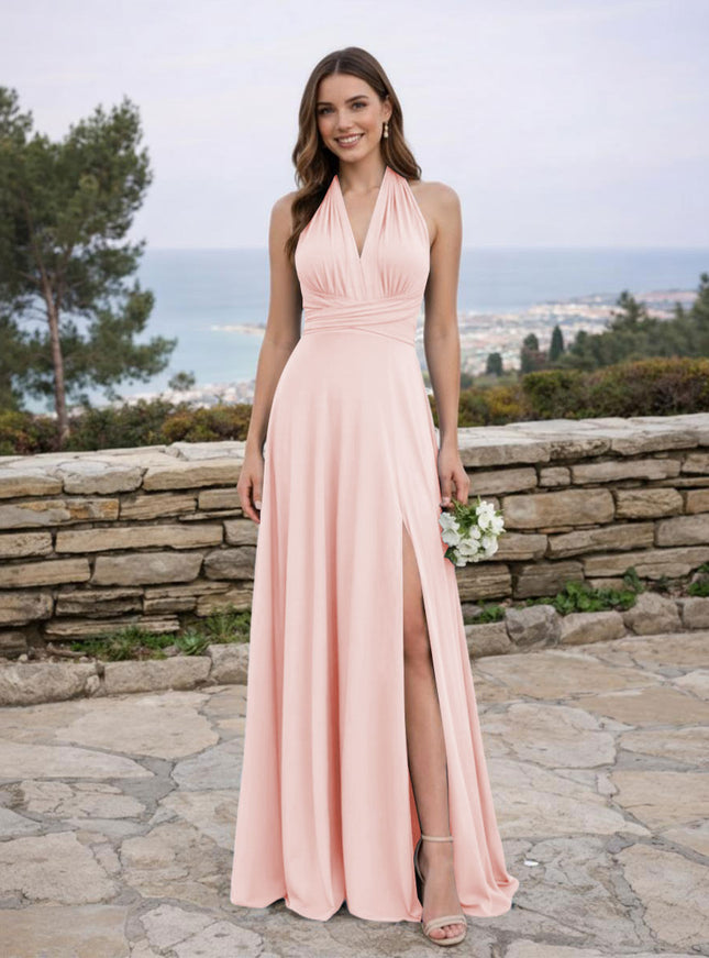 Jersey A Line V Neck Long Bridesmaid Dresses