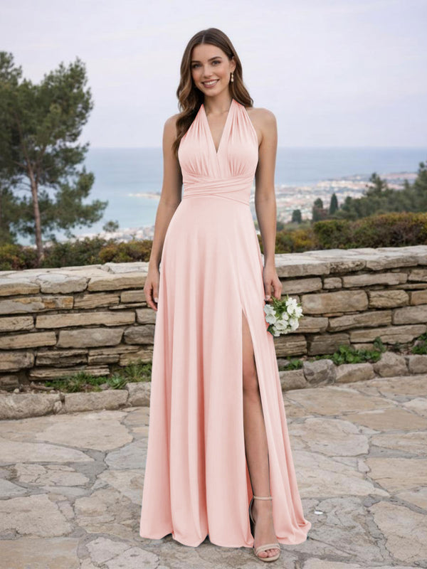 Jersey A Line V Neck Long Bridesmaid Dresses