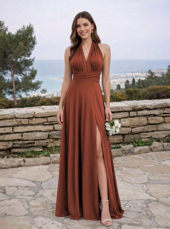 Jersey A Line V Neck Long Bridesmaid Dresses