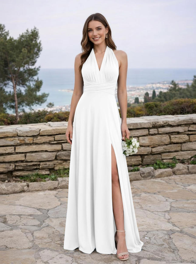 Jersey A Line V Neck Long Bridesmaid Dresses