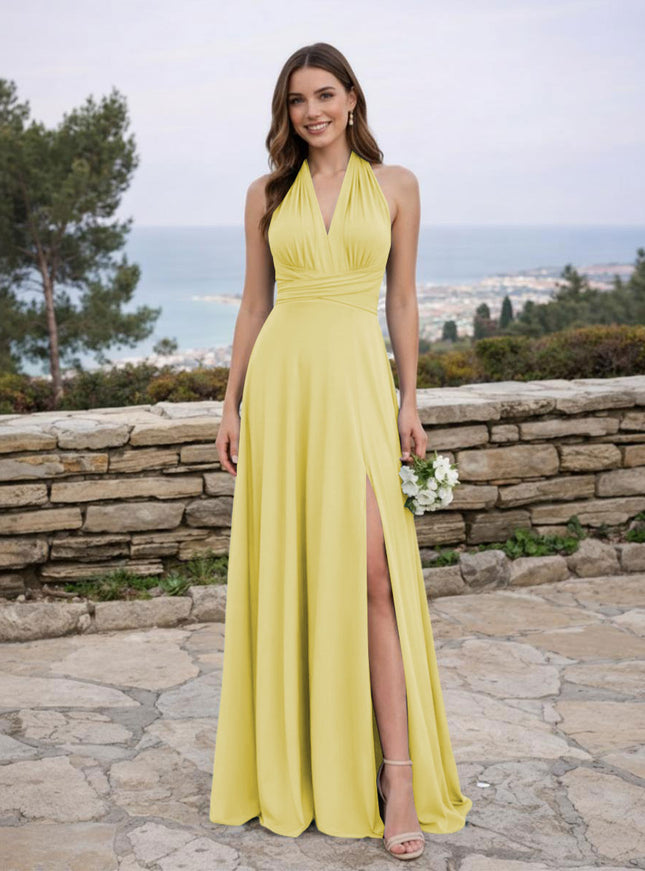 Jersey A Line V Neck Long Bridesmaid Dresses