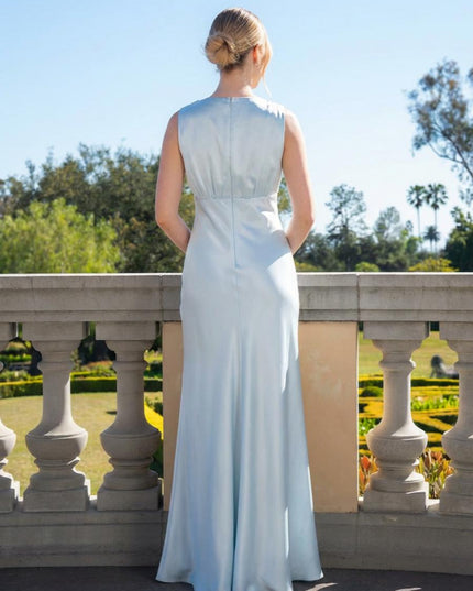 Satin Simple V Neck Long Bridesmaid Dresses