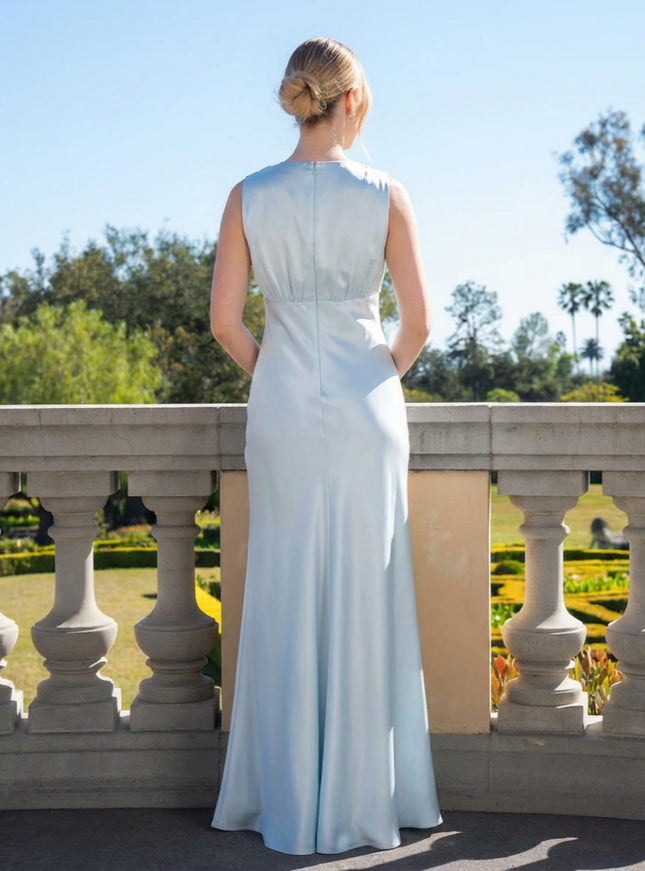 Satin Simple V Neck Long Bridesmaid Dresses