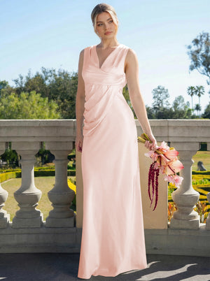 Satin Simple V Neck Long Bridesmaid Dresses