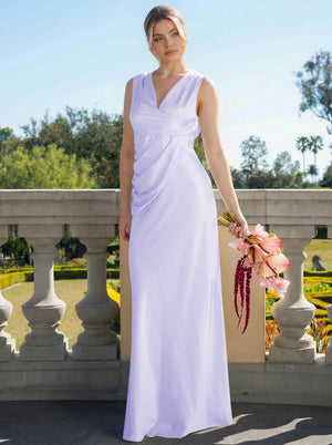 Satin Simple V Neck Long Bridesmaid Dresses