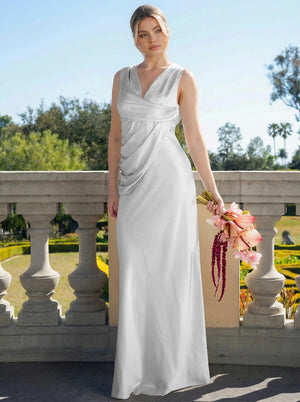 Satin Simple V Neck Long Bridesmaid Dresses