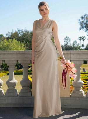 Satin Simple V Neck Long Bridesmaid Dresses