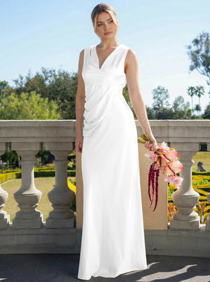 Satin Simple V Neck Long Bridesmaid Dresses