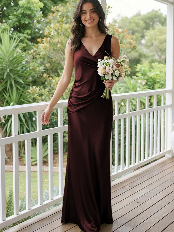 Satin Mermaid V Neck Long Bridesmaid Dresses
