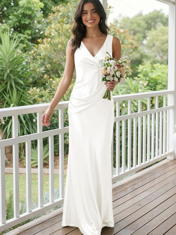 Satin Mermaid V Neck Long Bridesmaid Dresses