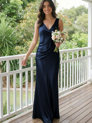 Satin Mermaid V Neck Long Bridesmaid Dresses