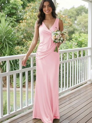 Satin Mermaid V Neck Long Bridesmaid Dresses