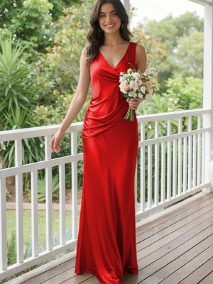 Satin Mermaid V Neck Long Bridesmaid Dresses