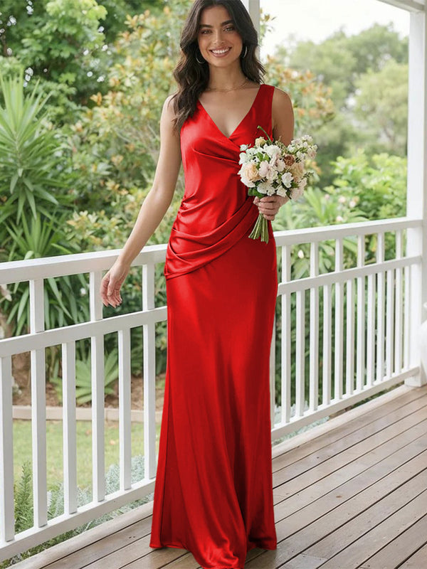Satin Mermaid V Neck Long Bridesmaid Dresses