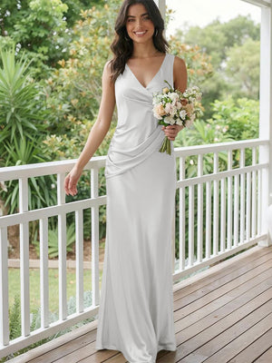 Satin Mermaid V Neck Long Bridesmaid Dresses