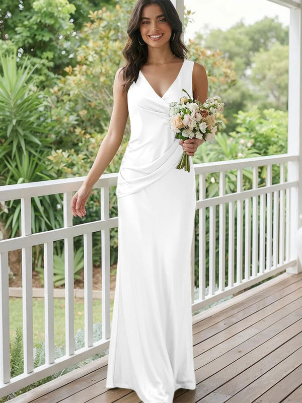 Satin Mermaid V Neck Long Bridesmaid Dresses